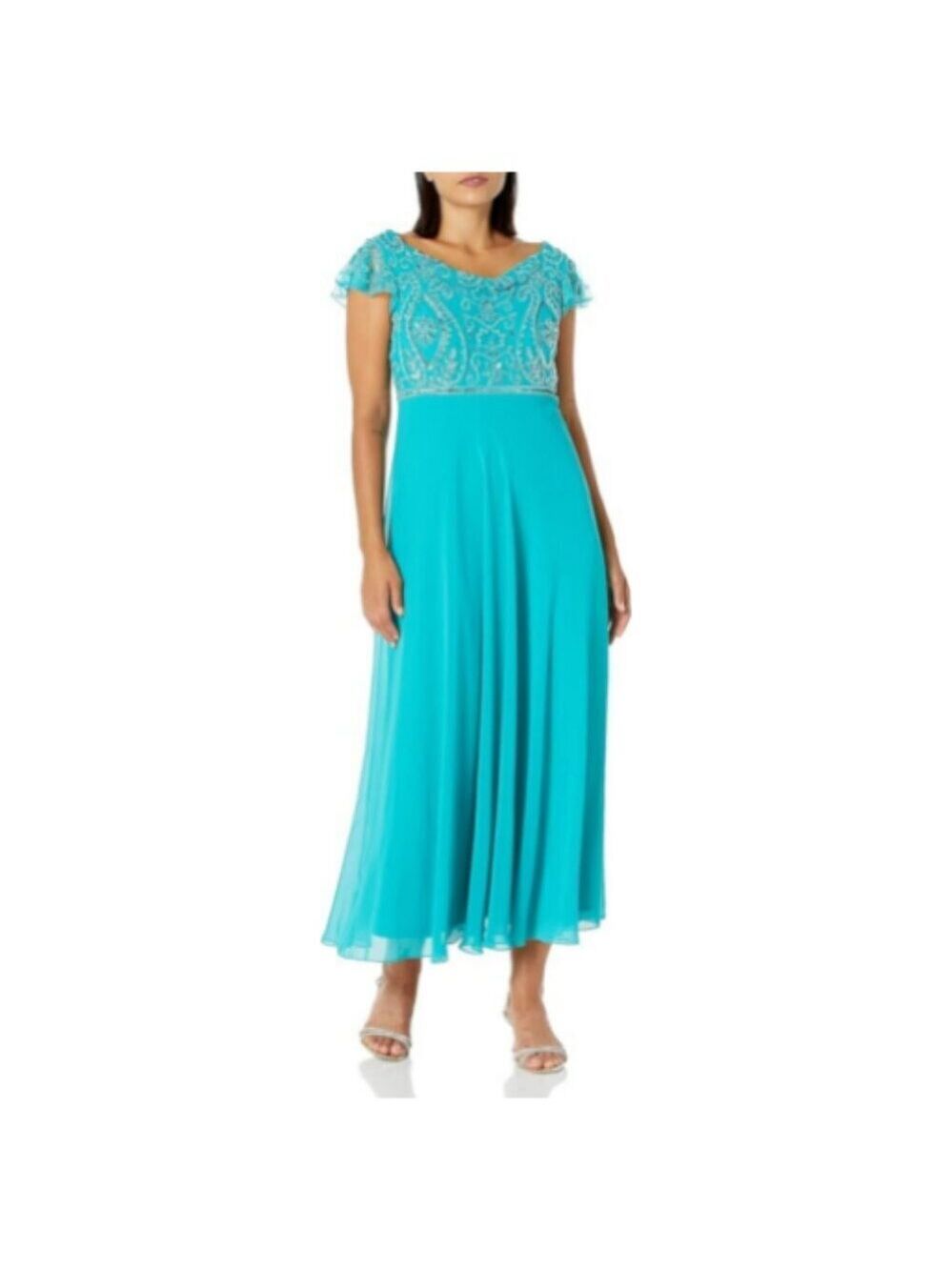 **J Kara** Women's Back and Front Cowlneck Beaded Short Sleeve Gown 14P NWT